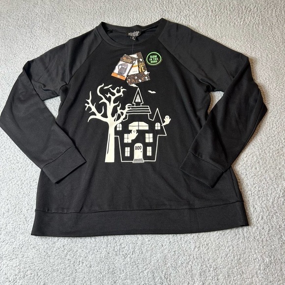 Halloween Top Womens M Black Glow In The Dark‎ Hunted House Feeling Festive NEW - Picture 1 of 11